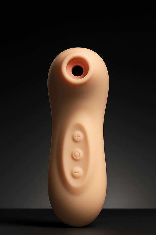 Beige silicone product with control buttons on a black background