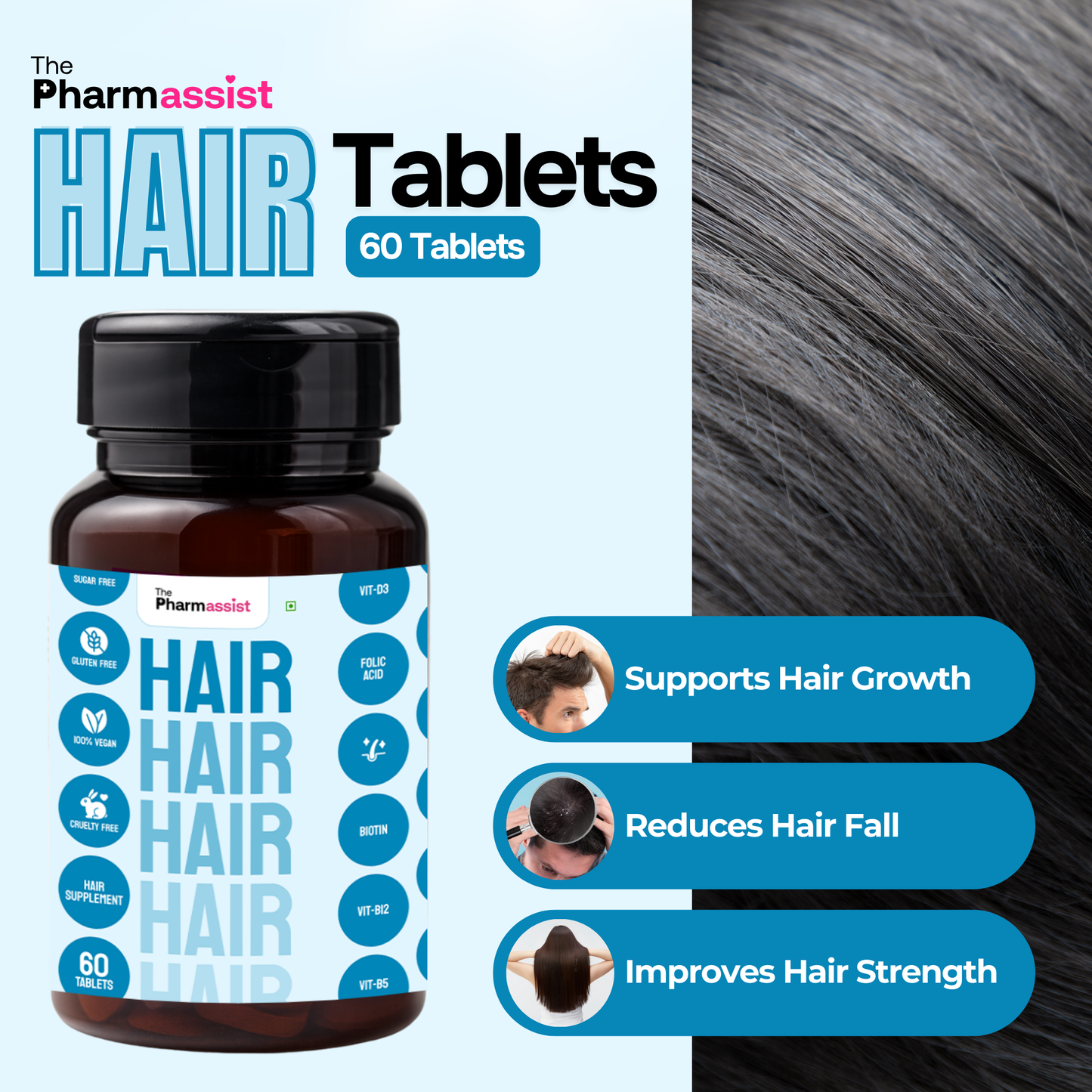 Hair Tablets – Unisex Hair Growth Supplement & Strength Support Formula with Biotin, MSM, Amino Acids, Vitamins & Minerals (60 Tablets)