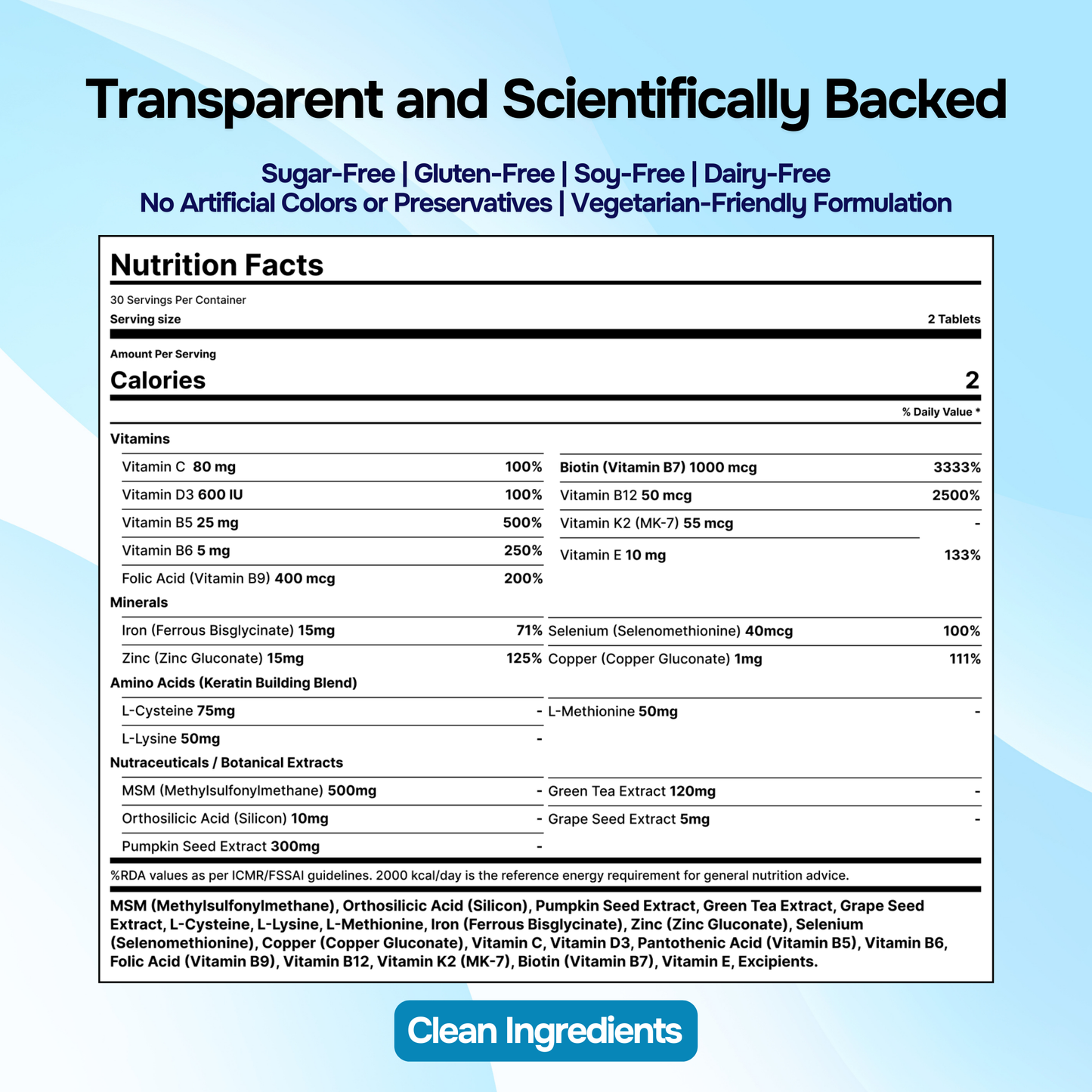 Hair Tablets – Unisex Hair Growth Supplement & Strength Support Formula with Biotin, MSM, Amino Acids, Vitamins & Minerals (60 Tablets)