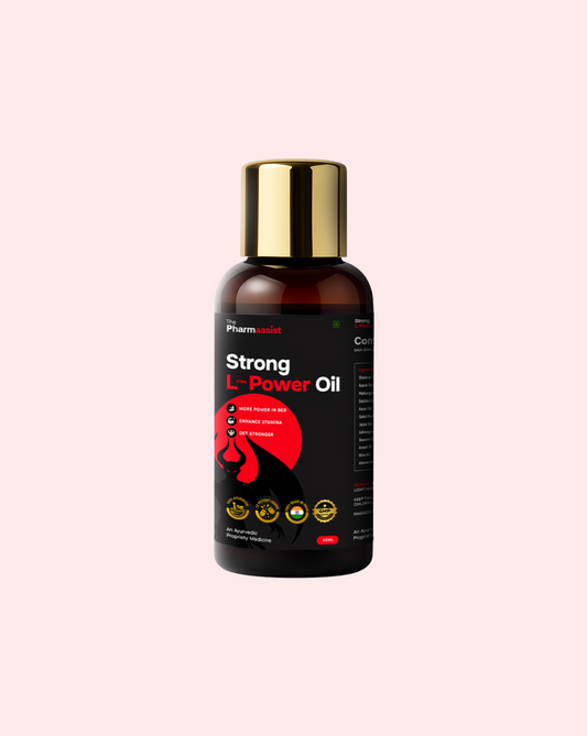 Bottle of Strong L-Power Oil on a pink background